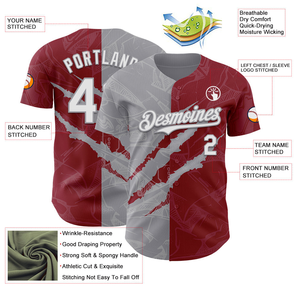 Custom Graffiti Pattern White Crimson-Gray 3D Scratch Authentic Baseball Jersey - Sky-Custom