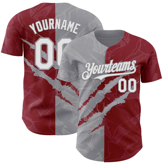 Custom Graffiti Pattern White Crimson-Gray 3D Scratch Authentic Baseball Jersey - Sky-Custom