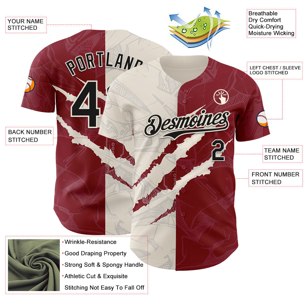 Custom Graffiti Pattern Black Crimson-Cream 3D Scratch Authentic Baseball Jersey - Sky-Custom