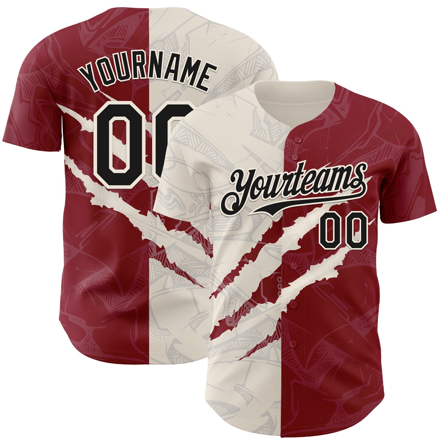 Custom Graffiti Pattern Black Crimson-Cream 3D Scratch Authentic Baseball Jersey - Sky-Custom