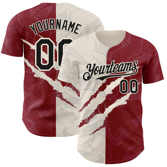 Custom Graffiti Pattern Black Crimson-Cream 3D Scratch Authentic Baseball Jersey - Sky-Custom