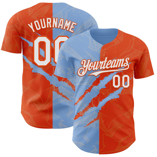 Custom Graffiti Pattern White Orange-Light Blue 3D Scratch Authentic Baseball Jersey - Sky-Custom