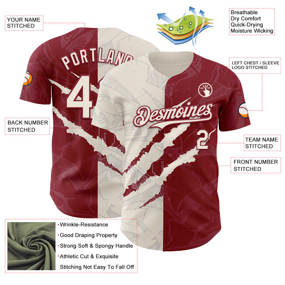 Custom Graffiti Pattern Cream-Crimson 3D Scratch Authentic Baseball Jersey - Sky-Custom