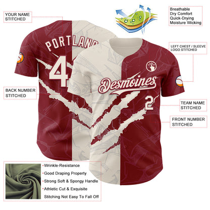 Custom Graffiti Pattern Cream-Crimson 3D Scratch Authentic Baseball Jersey - Sky-Custom