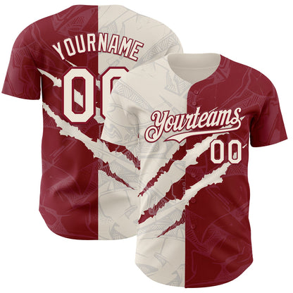 Custom Graffiti Pattern Cream-Crimson 3D Scratch Authentic Baseball Jersey - Sky-Custom
