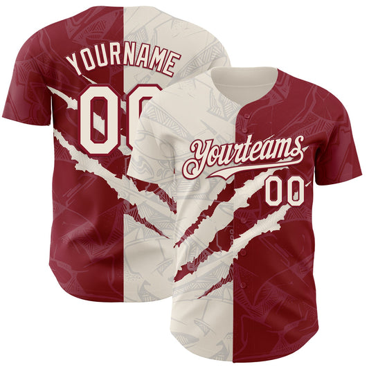 Custom Graffiti Pattern Cream-Crimson 3D Scratch Authentic Baseball Jersey - Sky-Custom