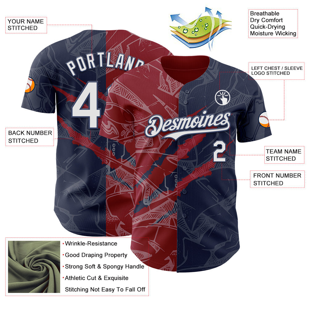 Custom Graffiti Pattern White Navy-Crimson 3D Scratch Authentic Baseball Jersey - Sky-Custom