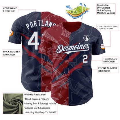 Custom Graffiti Pattern White Navy-Crimson 3D Scratch Authentic Baseball Jersey - Sky-Custom