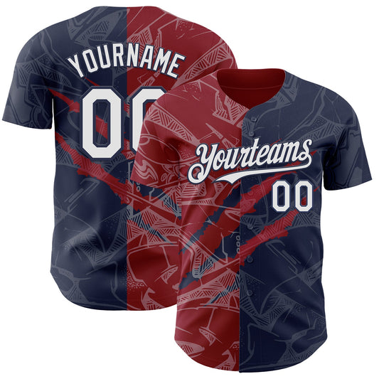 Custom Graffiti Pattern White Navy-Crimson 3D Scratch Authentic Baseball Jersey - Sky-Custom