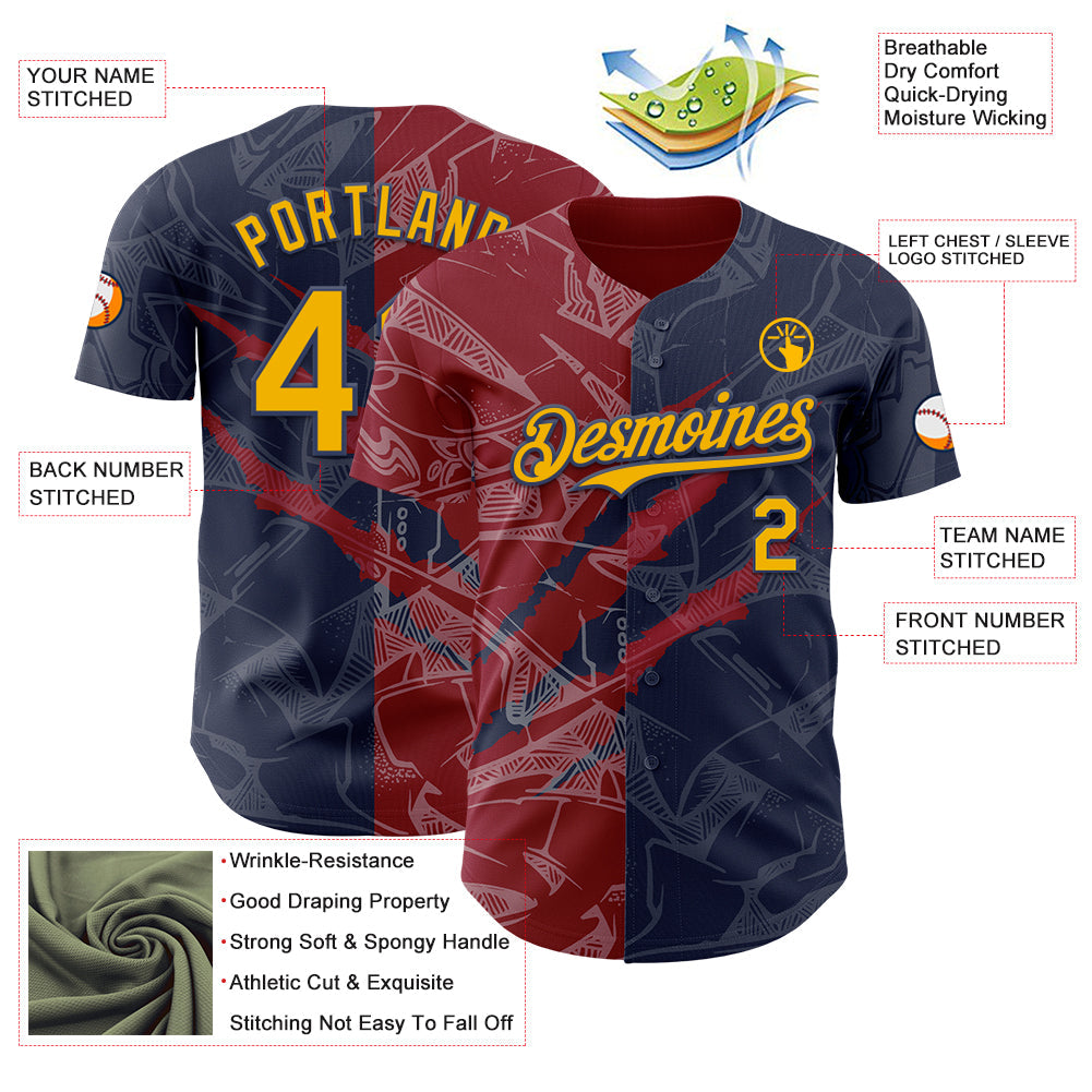 Custom Graffiti Pattern Gold Navy-Crimson 3D Scratch Authentic Baseball Jersey - Sky-Custom