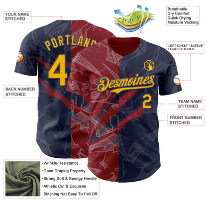 Custom Graffiti Pattern Gold Navy-Crimson 3D Scratch Authentic Baseball Jersey - Sky-Custom