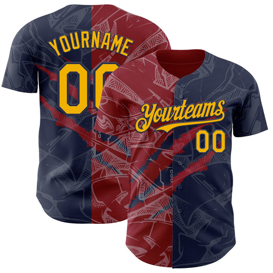 Custom Graffiti Pattern Gold Navy-Crimson 3D Scratch Authentic Baseball Jersey - Sky-Custom