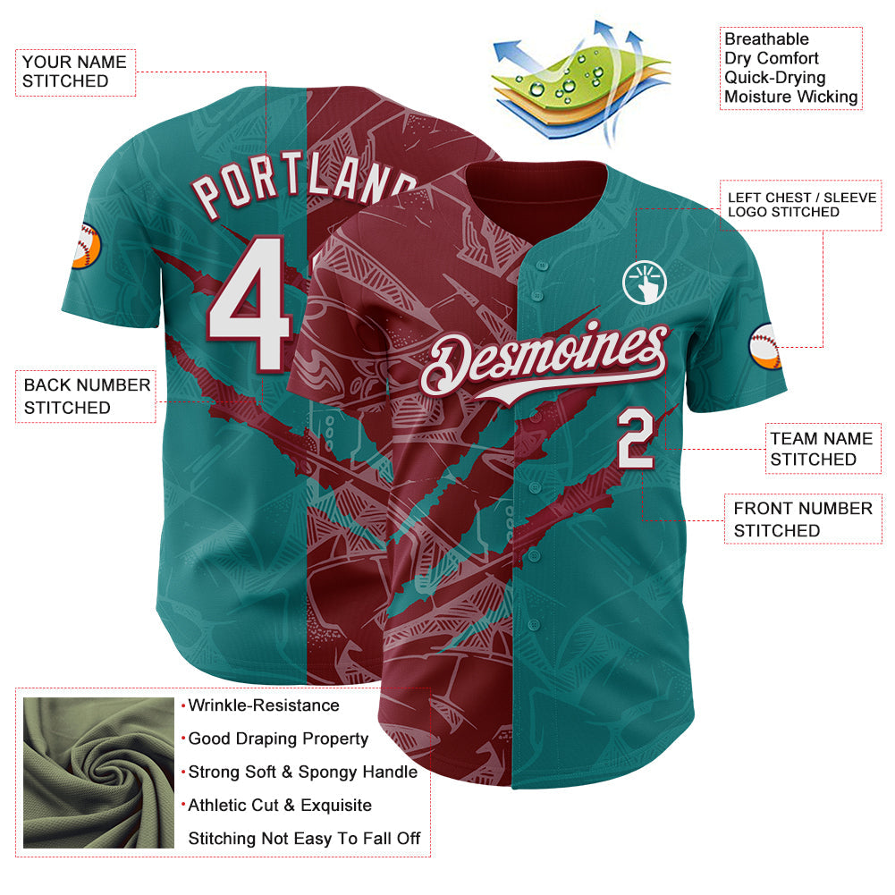 Custom Graffiti Pattern White Teal-Crimson 3D Scratch Authentic Baseball Jersey - Sky-Custom