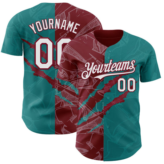 Custom Graffiti Pattern White Teal-Crimson 3D Scratch Authentic Baseball Jersey - Sky-Custom