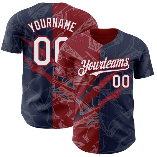 Custom Graffiti Pattern White Navy-Crimson 3D Scratch Authentic Baseball Jersey - Sky-Custom