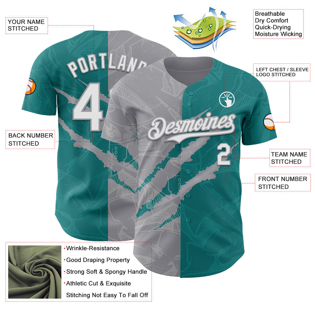 Custom Graffiti Pattern White Teal-Gray 3D Scratch Authentic Baseball Jersey - Sky-Custom