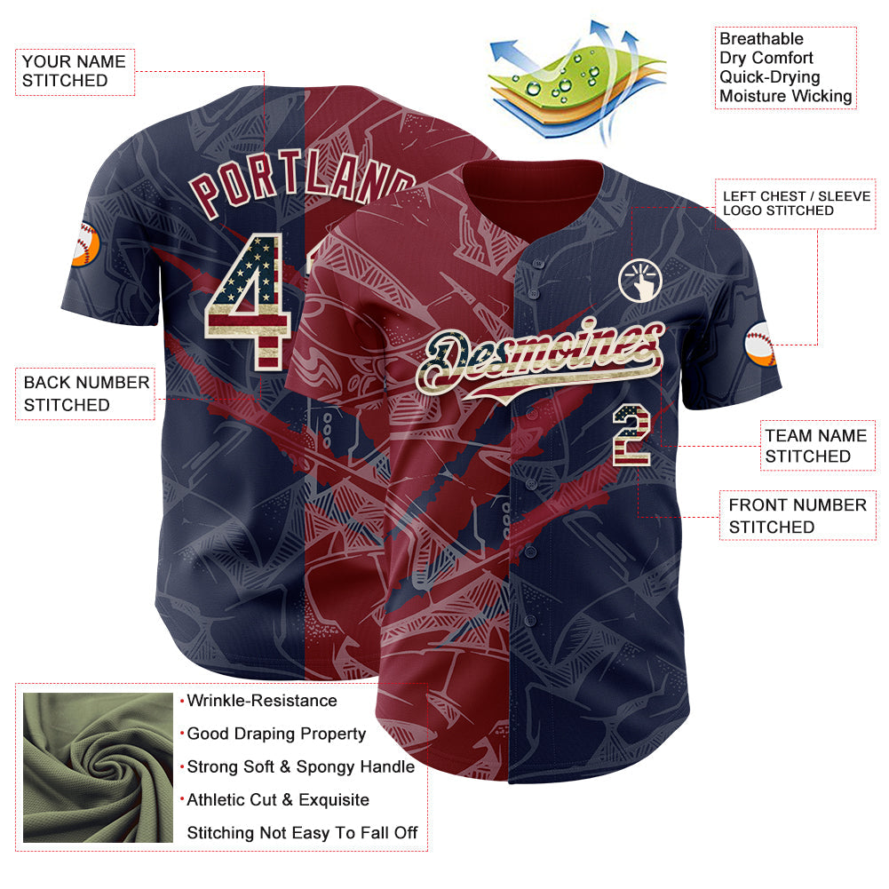 Custom Graffiti Pattern Vintage USA Flag Navy Crimson-Cream 3D Scratch Authentic Baseball Jersey - Sky-Custom