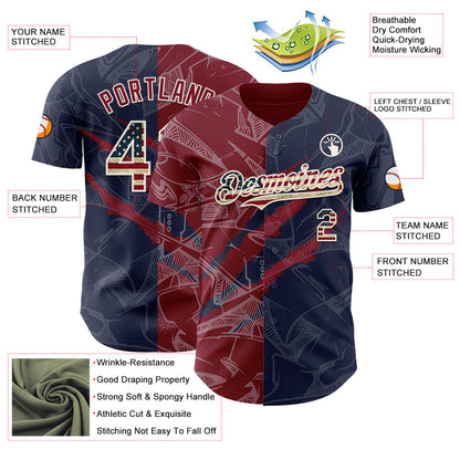 Custom Graffiti Pattern Vintage USA Flag Navy Crimson-Cream 3D Scratch Authentic Baseball Jersey - Sky-Custom