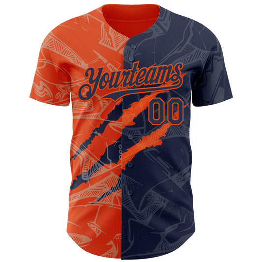 Custom Graffiti Pattern Navy-Orange 3D Scratch Authentic Baseball Jersey - Sky-Custom