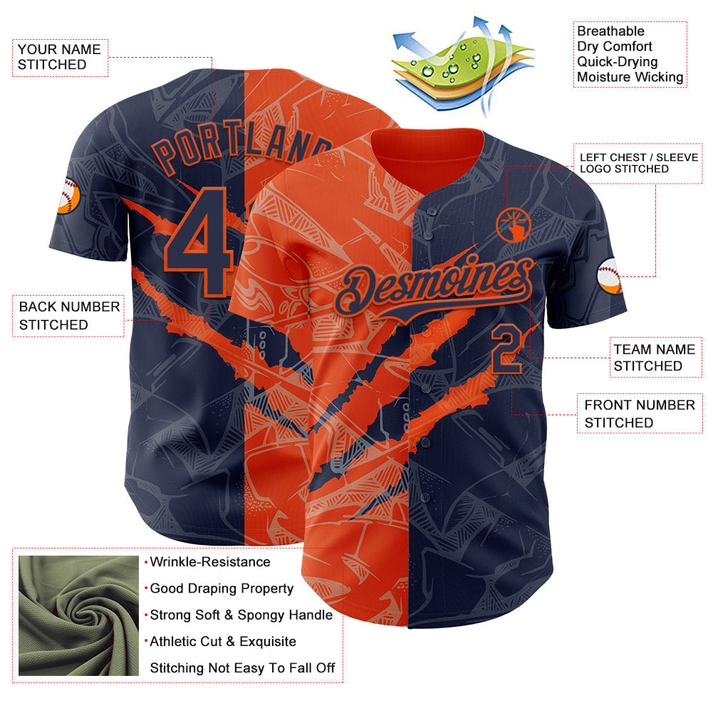 Custom Graffiti Pattern Navy-Orange 3D Scratch Authentic Baseball Jersey - Sky-Custom