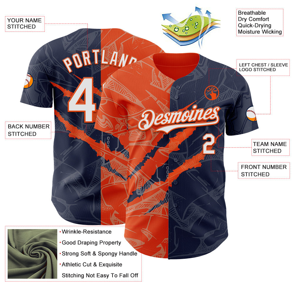 Custom Graffiti Pattern White Navy-Orange 3D Scratch Authentic Baseball Jersey - Sky-Custom