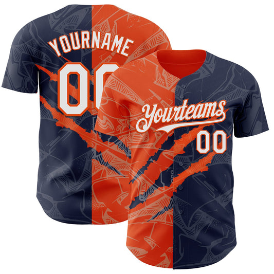 Custom Graffiti Pattern White Navy-Orange 3D Scratch Authentic Baseball Jersey - Sky-Custom