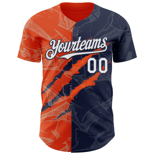 Custom Graffiti Pattern White Navy-Orange 3D Scratch Authentic Baseball Jersey - Sky-Custom