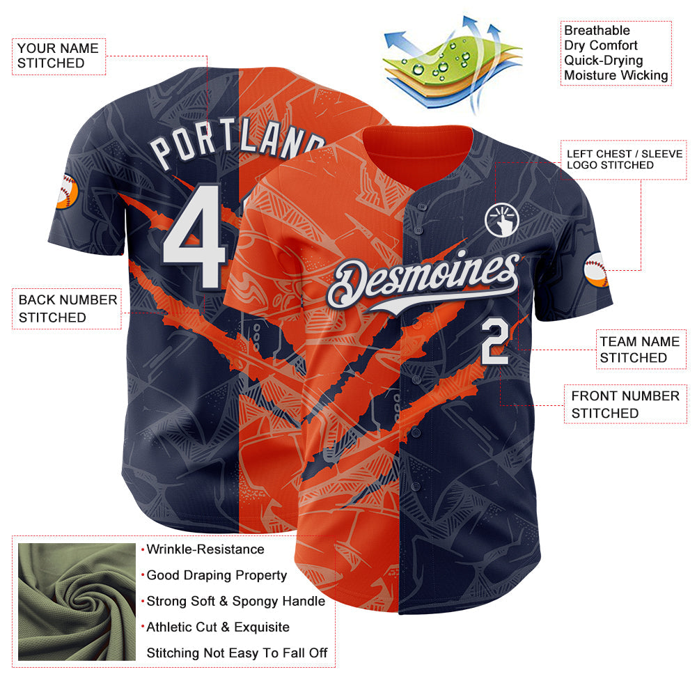 Custom Graffiti Pattern White Navy-Orange 3D Scratch Authentic Baseball Jersey - Sky-Custom