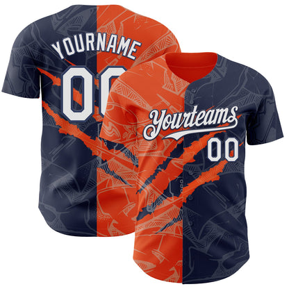 Custom Graffiti Pattern White Navy-Orange 3D Scratch Authentic Baseball Jersey - Sky-Custom
