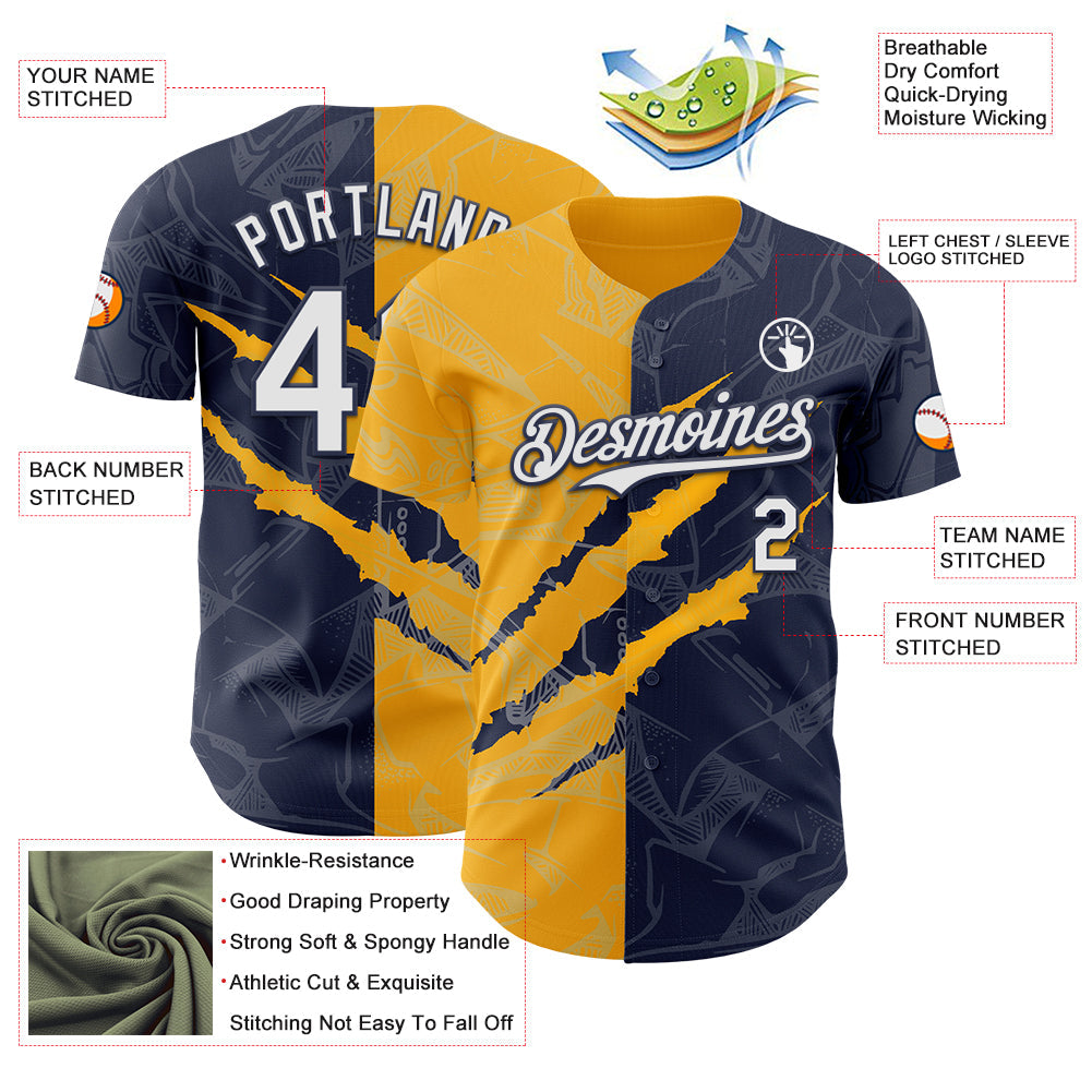 Custom Graffiti Pattern White Navy-Gold 3D Scratch Authentic Baseball Jersey - Sky-Custom