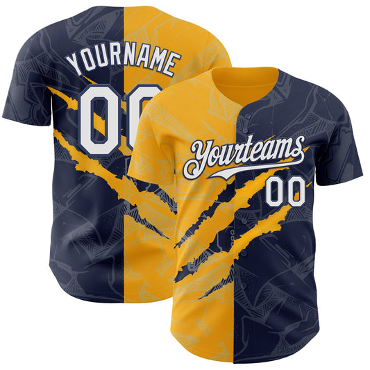 Custom Graffiti Pattern White Navy-Gold 3D Scratch Authentic Baseball Jersey - Sky-Custom