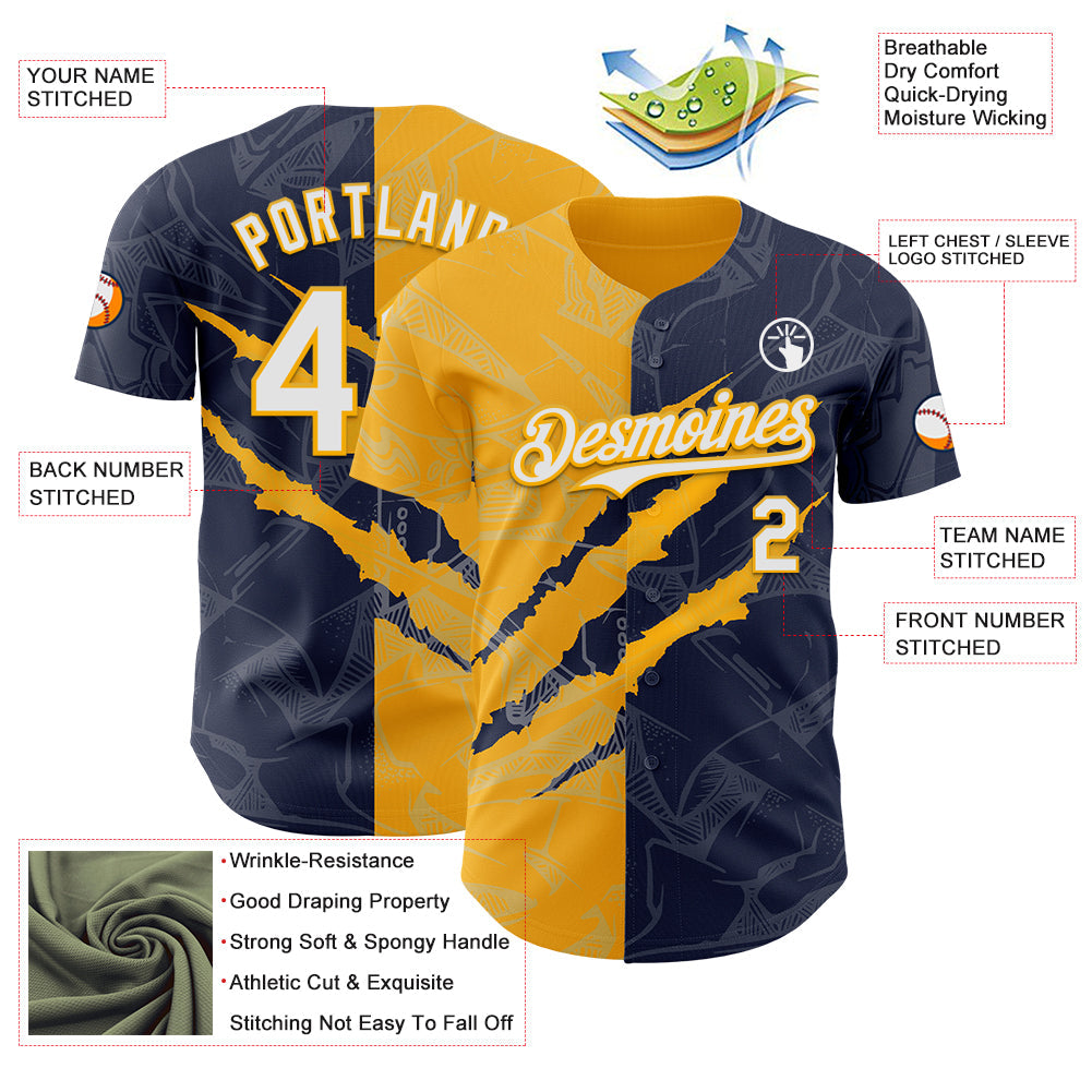 Custom Graffiti Pattern White Navy-Gold 3D Scratch Authentic Baseball Jersey - Sky-Custom