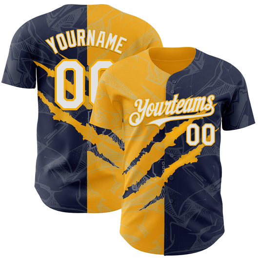 Custom Graffiti Pattern White Navy-Gold 3D Scratch Authentic Baseball Jersey - Sky-Custom
