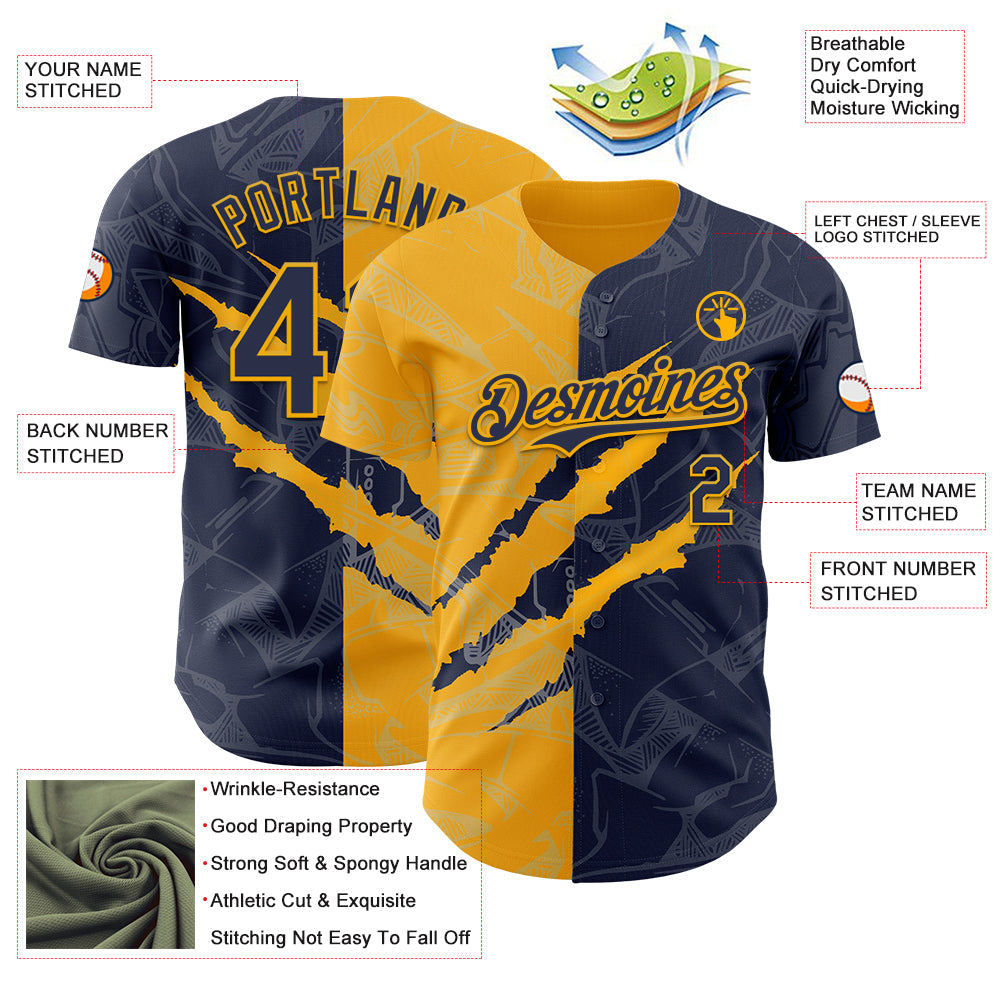 Custom Graffiti Pattern Navy-Gold 3D Scratch Authentic Baseball Jersey - Sky-Custom