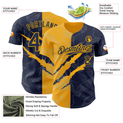 Custom Graffiti Pattern Navy-Gold 3D Scratch Authentic Baseball Jersey - Sky-Custom