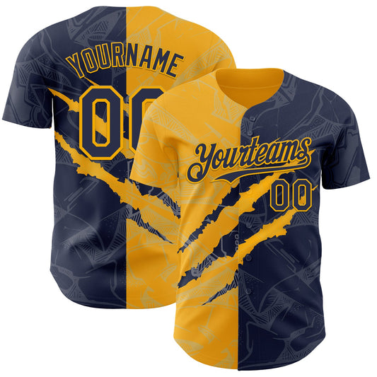Custom Graffiti Pattern Navy-Gold 3D Scratch Authentic Baseball Jersey - Sky-Custom