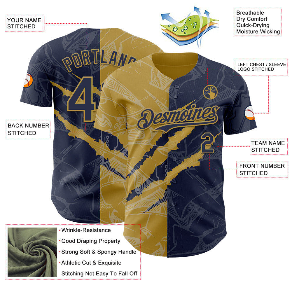 Custom Graffiti Pattern Navy-Old Gold 3D Scratch Authentic Baseball Jersey - Sky-Custom