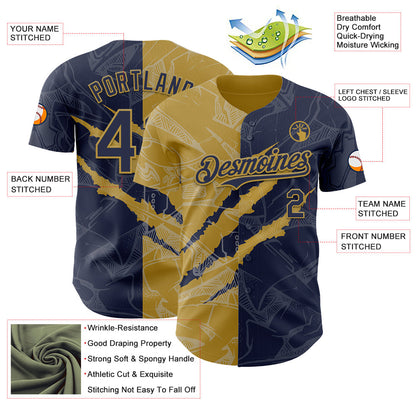 Custom Graffiti Pattern Navy-Old Gold 3D Scratch Authentic Baseball Jersey - Sky-Custom