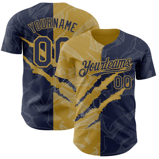 Custom Graffiti Pattern Navy-Old Gold 3D Scratch Authentic Baseball Jersey - Sky-Custom