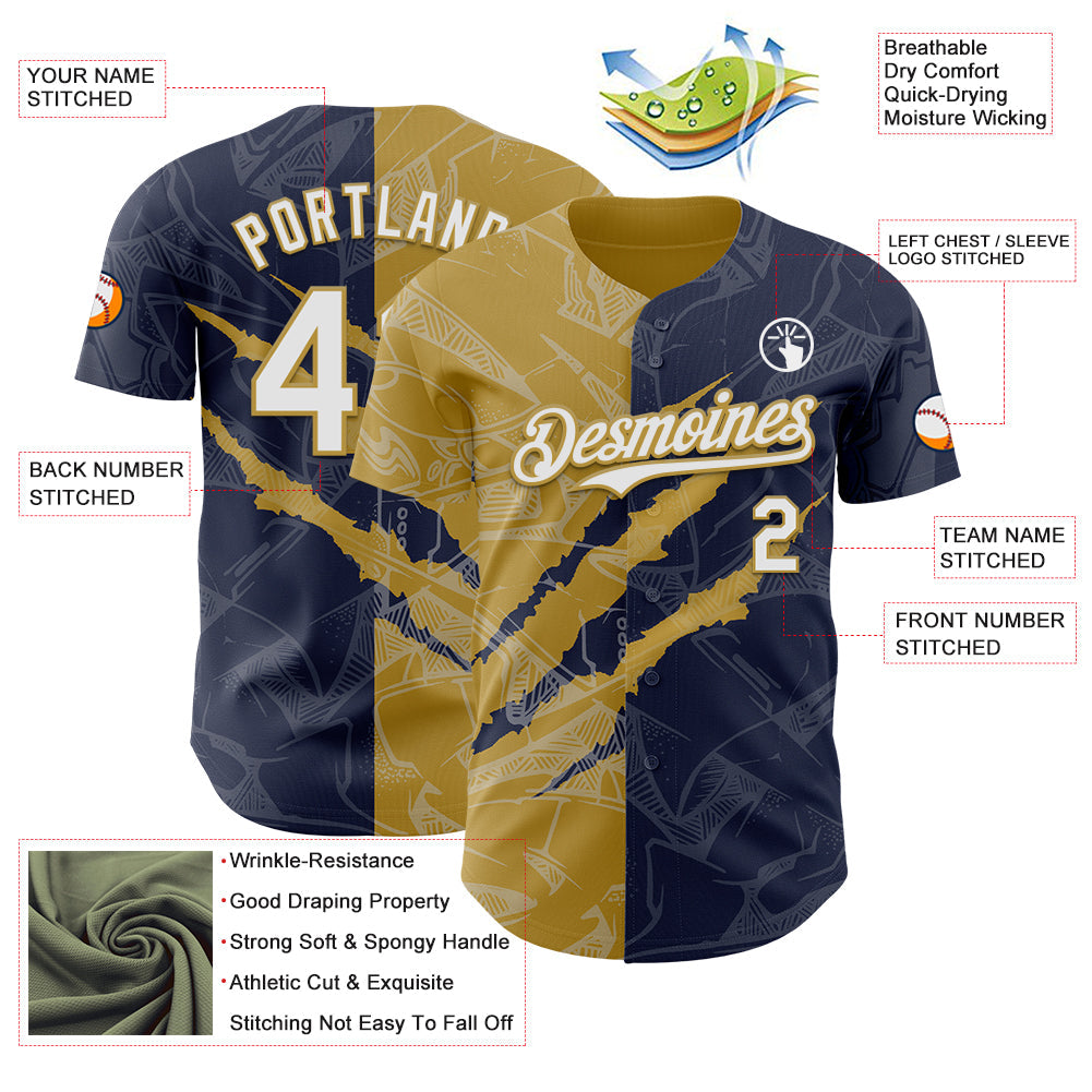 Custom Graffiti Pattern White Navy-Old Gold 3D Scratch Authentic Baseball Jersey - Sky-Custom