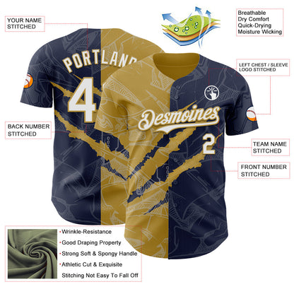 Custom Graffiti Pattern White Navy-Old Gold 3D Scratch Authentic Baseball Jersey - Sky-Custom