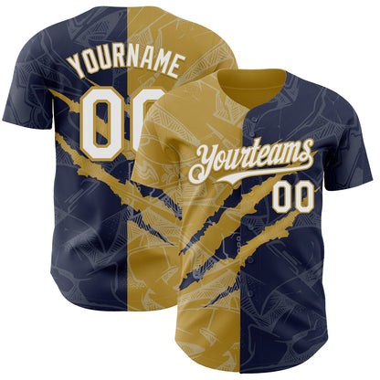 Custom Graffiti Pattern White Navy-Old Gold 3D Scratch Authentic Baseball Jersey - Sky-Custom