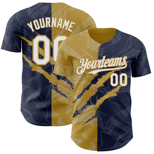 Custom Graffiti Pattern White Navy-Old Gold 3D Scratch Authentic Baseball Jersey - Sky-Custom