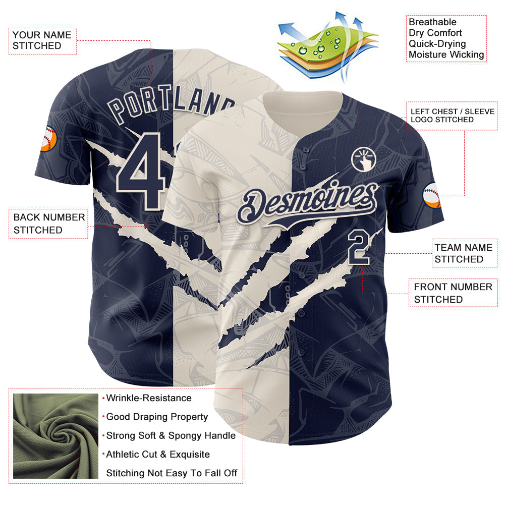 Custom Graffiti Pattern Navy-Cream 3D Scratch Authentic Baseball Jersey - Sky-Custom