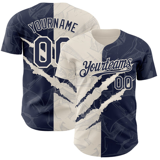 Custom Graffiti Pattern Navy-Cream 3D Scratch Authentic Baseball Jersey - Sky-Custom