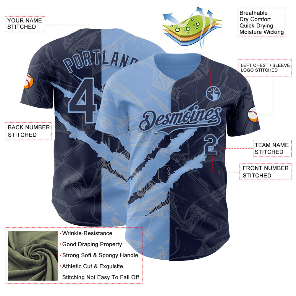 Custom Graffiti Pattern Navy-Light Blue 3D Scratch Authentic Baseball Jersey - Sky-Custom