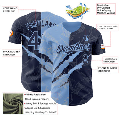 Custom Graffiti Pattern Navy-Light Blue 3D Scratch Authentic Baseball Jersey - Sky-Custom