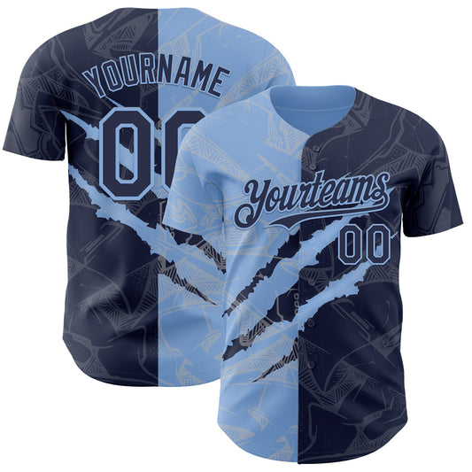 Custom Graffiti Pattern Navy-Light Blue 3D Scratch Authentic Baseball Jersey - Sky-Custom