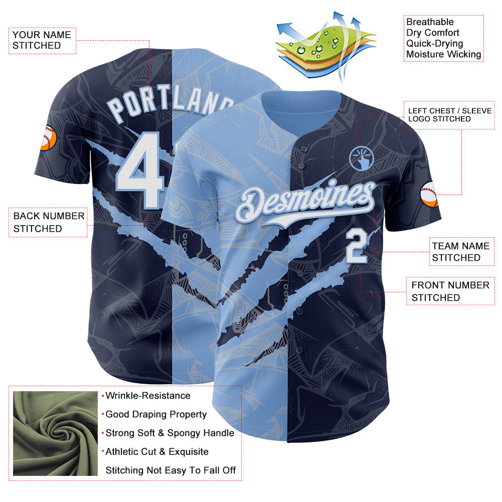 Custom Graffiti Pattern White Navy-Light Blue 3D Scratch Authentic Baseball Jersey - Sky-Custom