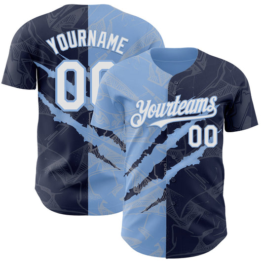 Custom Graffiti Pattern White Navy-Light Blue 3D Scratch Authentic Baseball Jersey - Sky-Custom